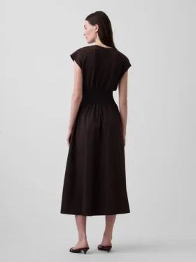 Vestido midi de cintura baja en mezcla de tejidos