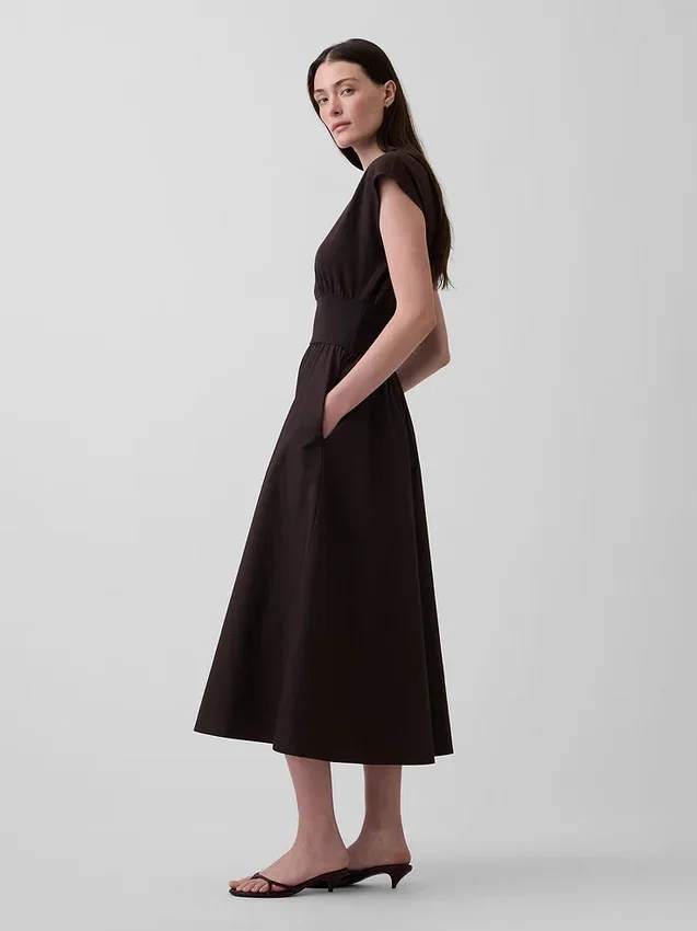 Vestido midi de cintura baja en mezcla de tejidos