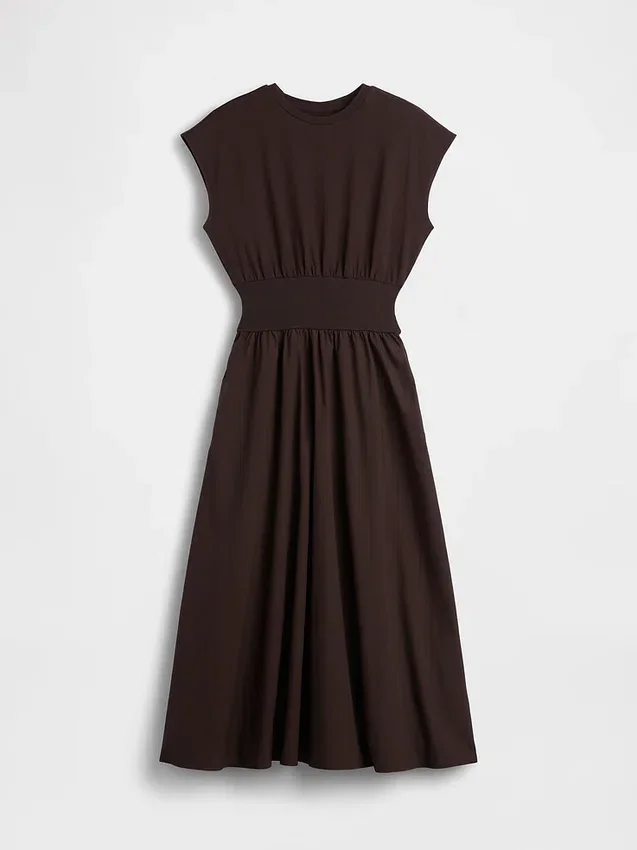 Vestido midi de cintura baja en mezcla de tejidos
