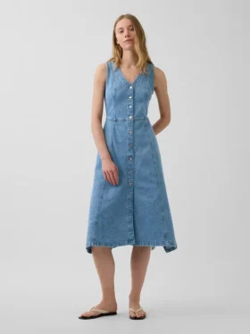 Vestido midi de denim con bajo en forma de pañuelo