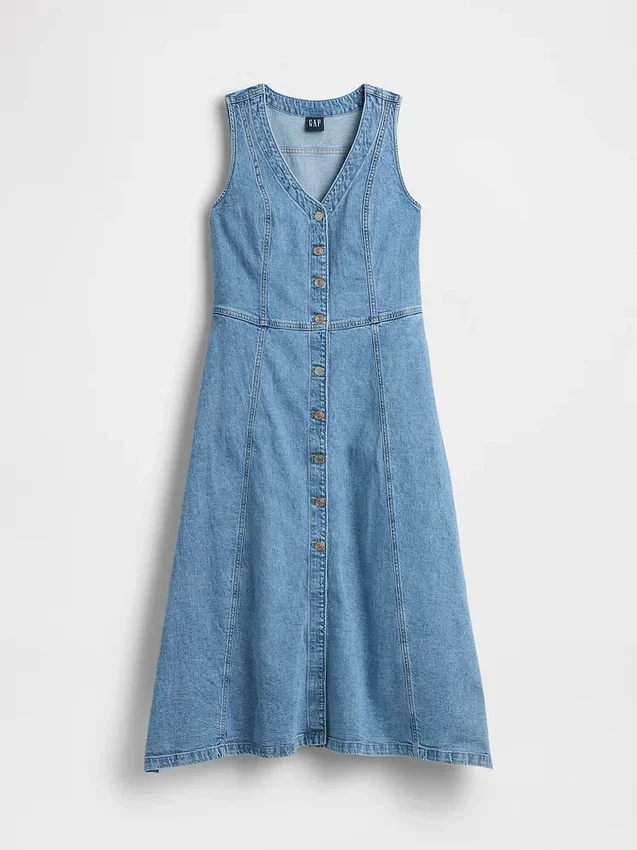 Vestido midi de denim con bajo en forma de pañuelo