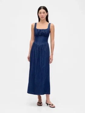 Vestido midi de denim con cintura baja tipo corsé