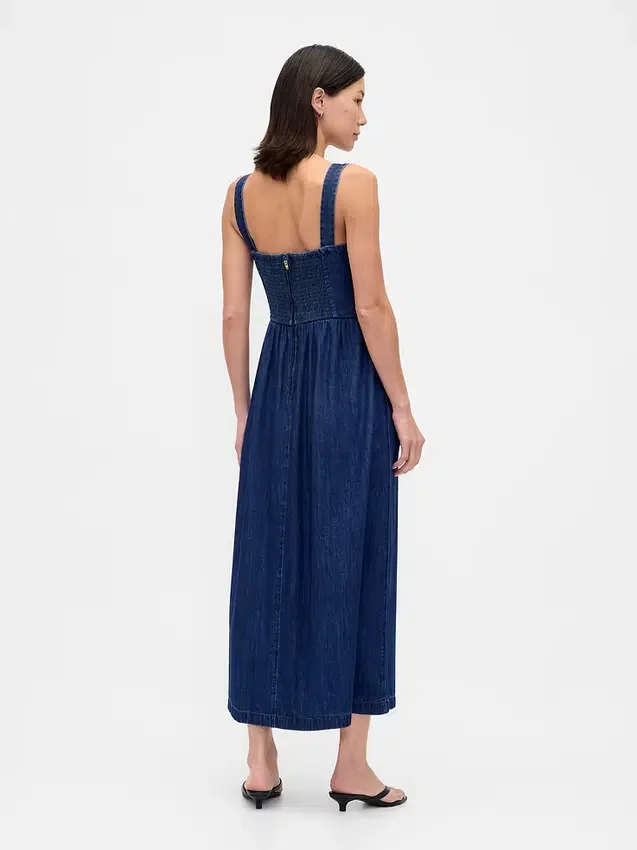 Vestido midi de denim con cintura baja tipo corsé