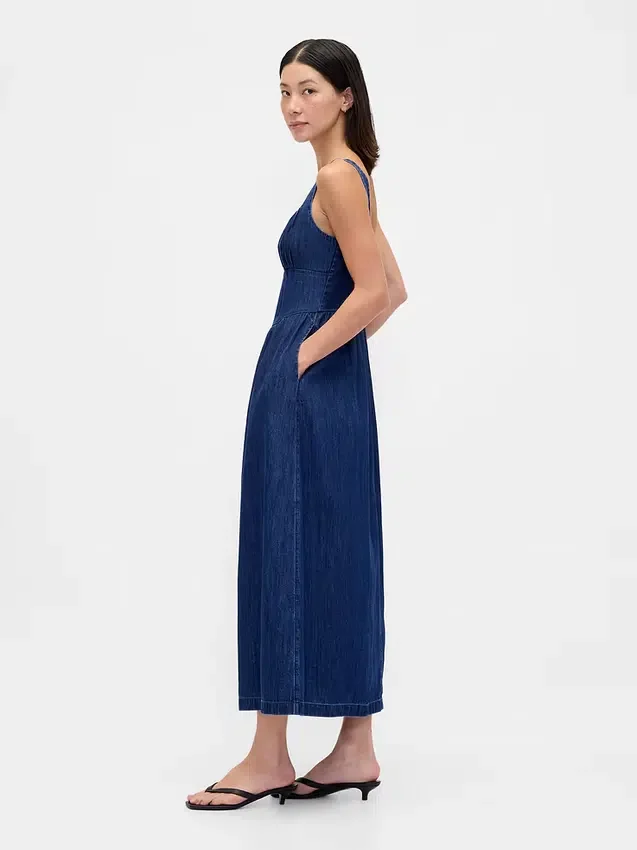Vestido midi de denim con cintura baja tipo corsé