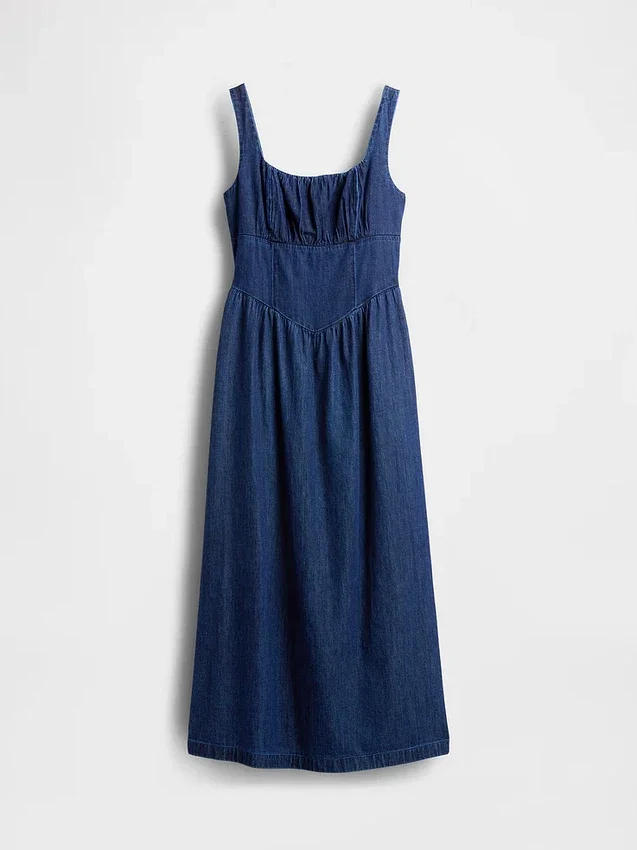 Vestido midi de denim con cintura baja tipo corsé
