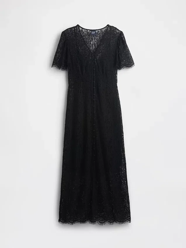 Vestido midi de encaje con cuello en V