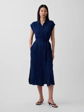 Vestido midi utilitario de denim con cinturilla atada