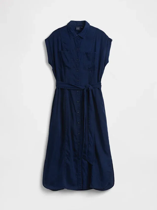 Vestido midi utilitario de denim con cinturilla atada