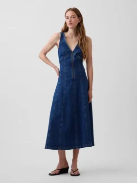 Vestido midi vaquero con cremallera frontal y costuras