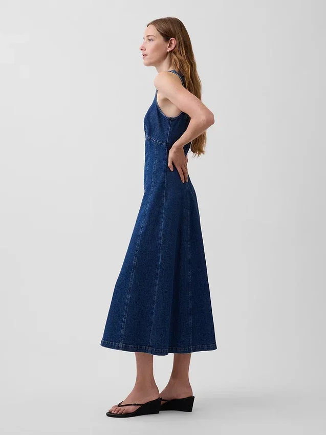 Vestido midi vaquero con cremallera frontal y costuras