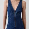 Vestido midi vaquero con cremallera frontal y costuras