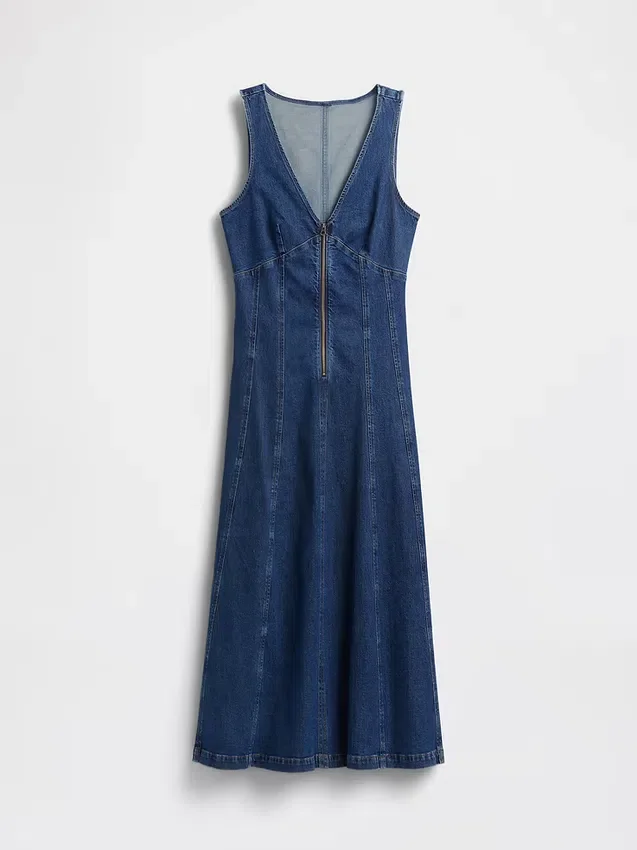 Vestido midi vaquero con cremallera frontal y costuras
