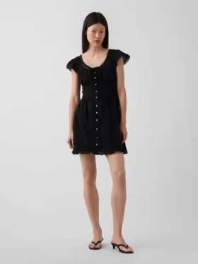 Vestido mini con cuello redondo y ribete de encaje