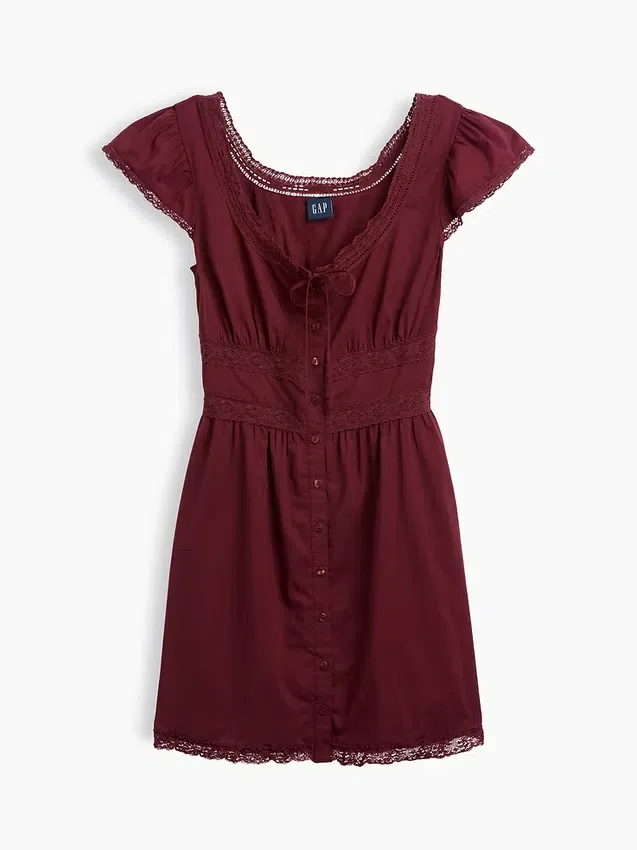Vestido mini con cuello redondo y ribete de encaje