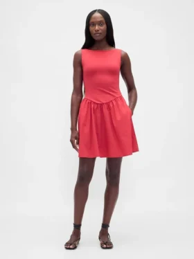 Vestido mini de cintura baja en mezcla de tejidos