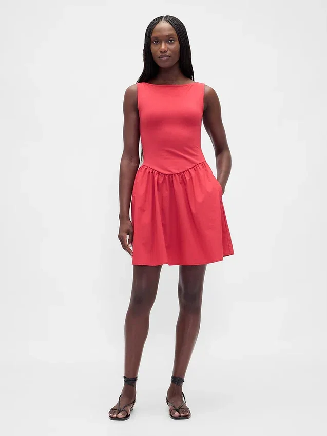 Vestido mini de cintura baja en mezcla de tejidos