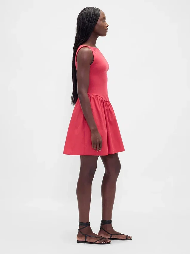 Vestido mini de cintura baja en mezcla de tejidos