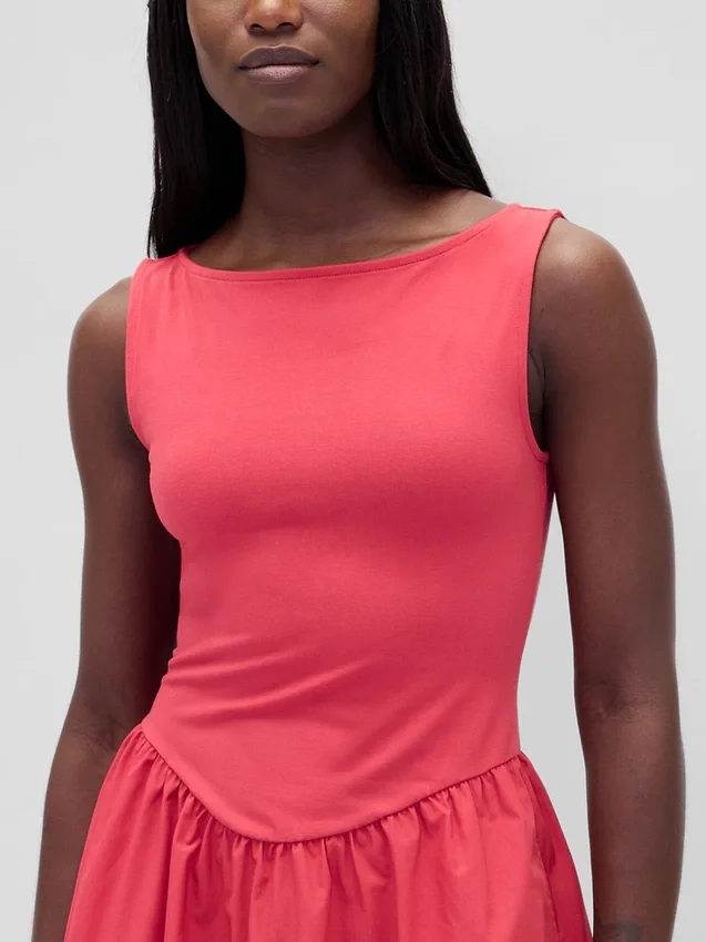 Vestido mini de cintura baja en mezcla de tejidos