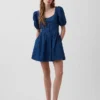 Vestido mini de denim con mangas abullonadas y escote corazón