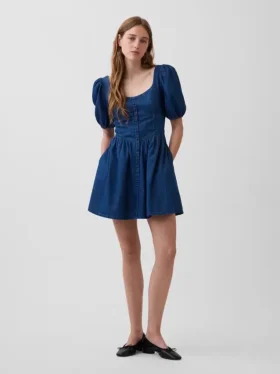 Vestido mini de denim con mangas abullonadas y escote corazón