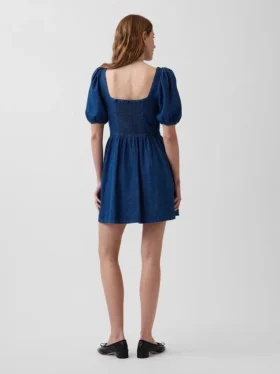 Vestido mini de denim con mangas abullonadas y escote corazón