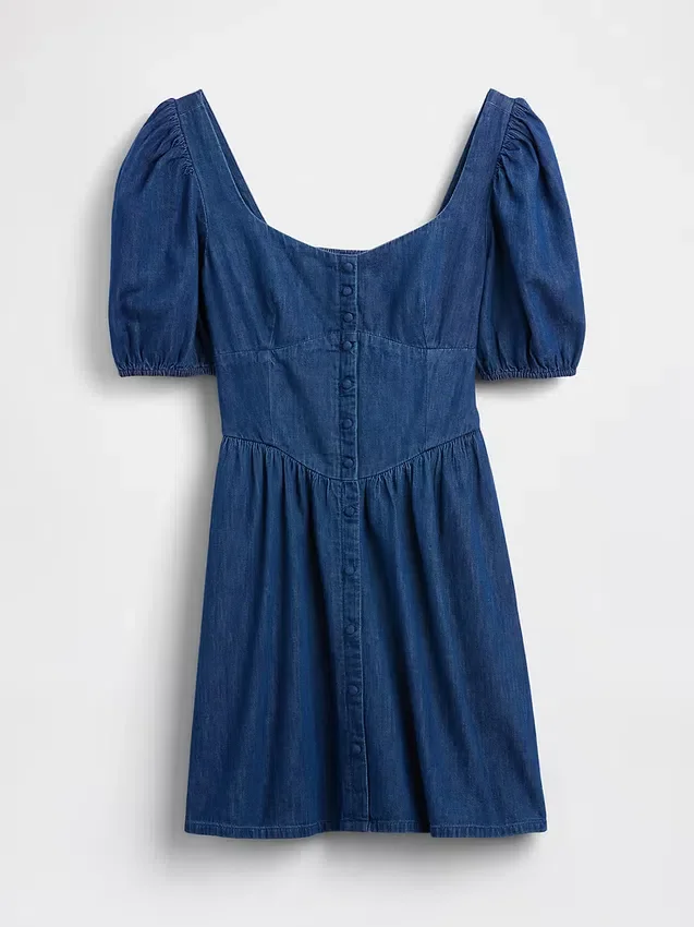 Vestido mini de denim con mangas abullonadas y escote corazón
