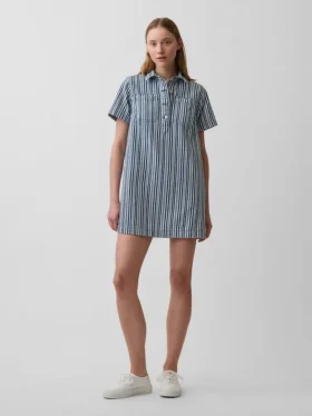 Vestido mini tipo popover a rayas vaqueras
