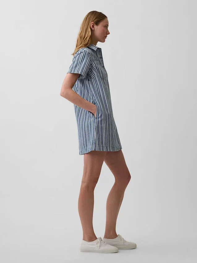 Vestido mini tipo popover a rayas vaqueras