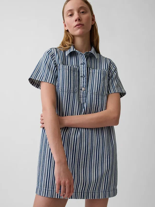 Vestido mini tipo popover a rayas vaqueras