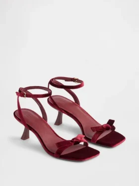 Zapatos de tacón bajo con tiras y lazo de terciopelo, puntera abierta